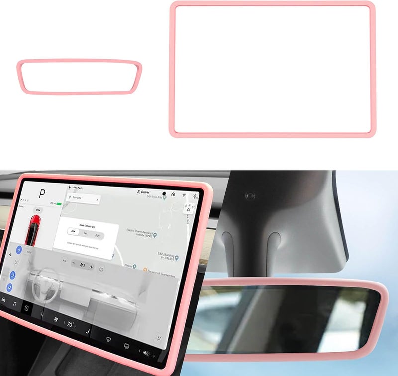 Yeapop 2Pcs Silicone Protector Frames of Screen and Rear View Mirror for Tesla Model 3 2017-2023 and Model Y 2019-Feb.2025. (Pink) - Image 1